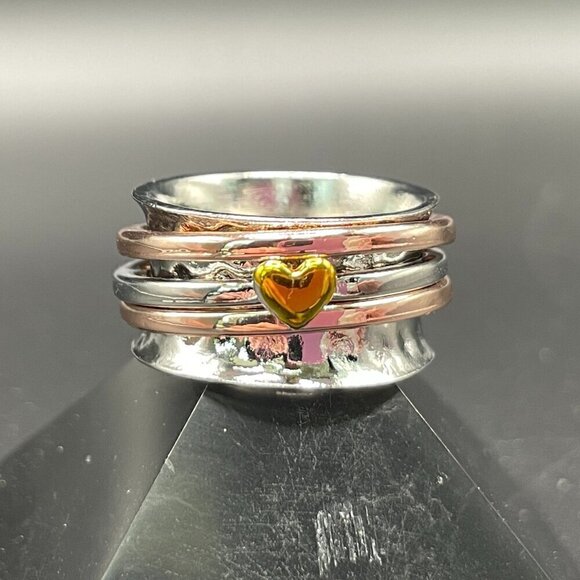 Boho Spinner Ring Tri-Color Floating Heart and Bands #1356 - Picture 6 of 12